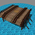 Traditional Wooden Bridge With Brown Planks Over Blue Water Surface And Railings