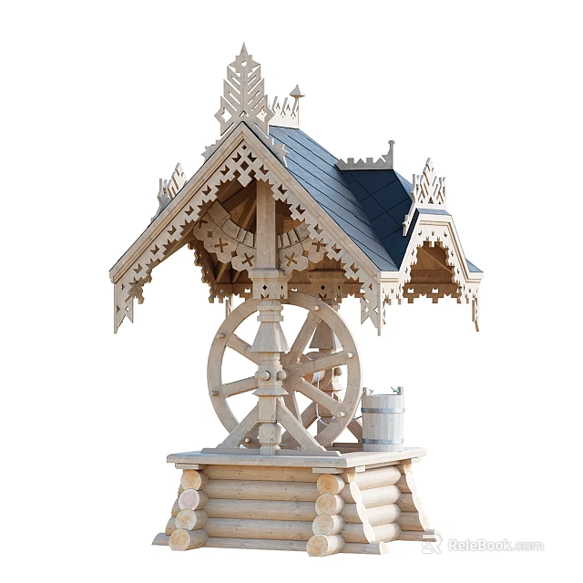 Traditional Wooden Garden Ornament with Decorative Roof Carved Details and Water Wheel Bucket 3d model 