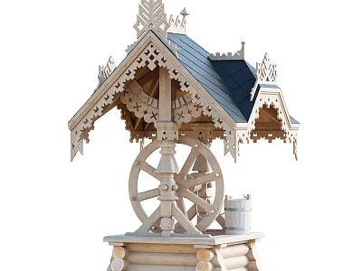 Traditional Wooden Garden Ornament with Decorative Roof Carved Details and Water Wheel Bucket 3d model