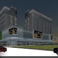 Modern Commercial Street with High Rise Buildings Billboards Cars and Pedestrians at Dusk