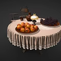 Vintage Rocking Chair With Round Table Lace Tablecloth Clay Jug Oil Lamp And Fruit Plate