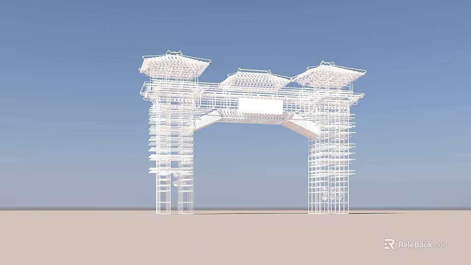 Traditional Chinese Archway With White Structure Multi Layered Roof Against Blue Sky 3d model 