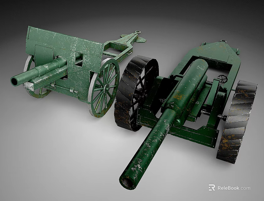 Vintage Green Military Cannons With Spoked Wheels And Long Steel Barrels 3d model 