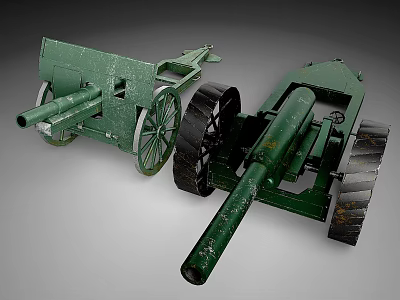 Vintage Green Military Cannons With Spoked Wheels And Long Steel Barrels 3d model