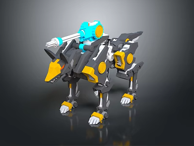 Mechanical Wolf Robot Design With Yellow Blue Black Accents And Back Mounted Gun 3d model
