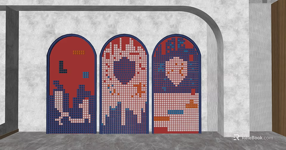 Modern Abstract Background Wall with Arched Mosaic Patterns in Red and Blue Tones 3d model