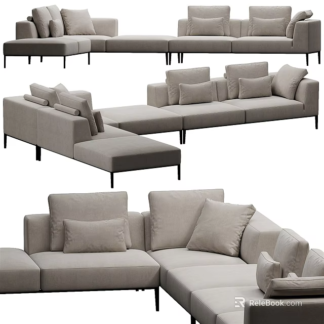 Sectional Sofa With Light Gray Upholstery Multiple Cushions Modular Design And Black Legs 3d model