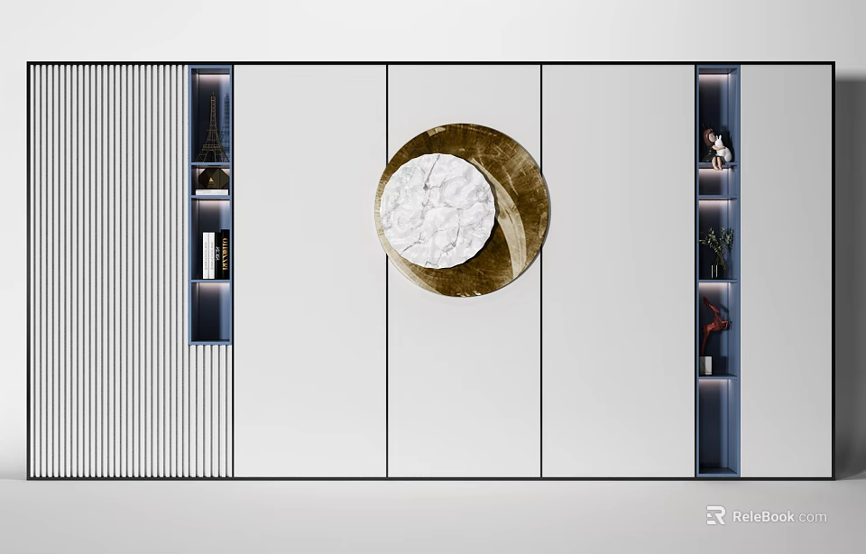 Modern Interior Decorative Cabinet With Marble Circle Panel Open Shelves And Ornaments 3d model
