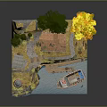3D Model Scene With Lighthouse Small Houses Rocky Terrain Trees Water And Boat