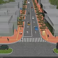 Urban Road Facilities Featuring Traffic Lanes Crosswalk Pedestrians Vehicles Street Trees And Buildings