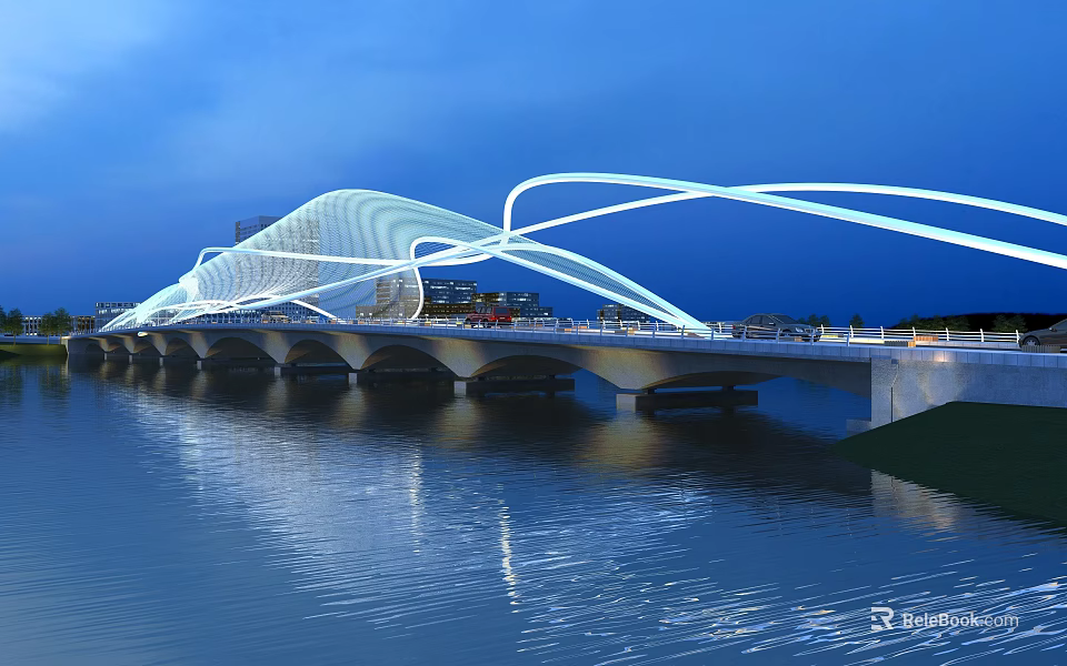 Modern White Streamlined Bridge Spanning Water Under Blue Sky With Illuminated Curves And Reflection 3d model 