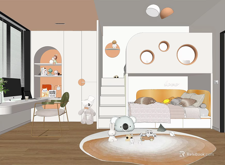 Bright Kids Room Interior With Playful Bed Desk Toys Storage And Soft Rug 3d model 