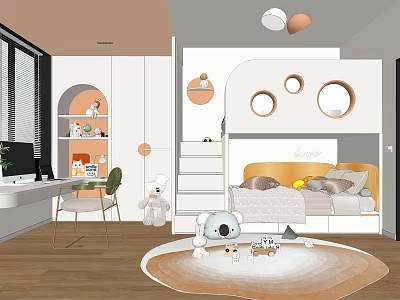 Bright Kids Room Interior With Playful Bed Desk Toys Storage And Soft Rug 3d model