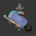 Child in Blue Shirt and Green Shorts Performing Skateboard Trick Against Gray Background