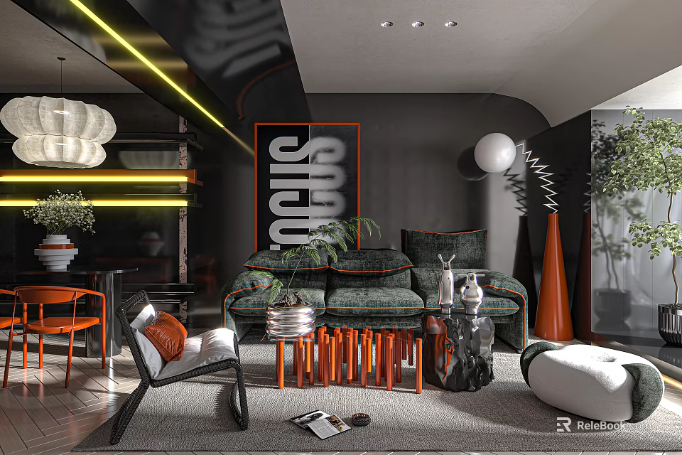 Modern Living and Dining Area With Black Walls Orange Chairs Sofa Coffee Table And Artwork 3d model 