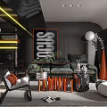 Modern Living and Dining Area With Black Walls Orange Chairs Sofa Coffee Table And Artwork