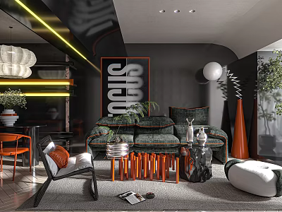 Modern Living and Dining Area With Black Walls Orange Chairs Sofa Coffee Table And Artwork 3d model