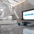 Modern Service Hall Interior With Spiral Staircase Reception Desk And Large Screen