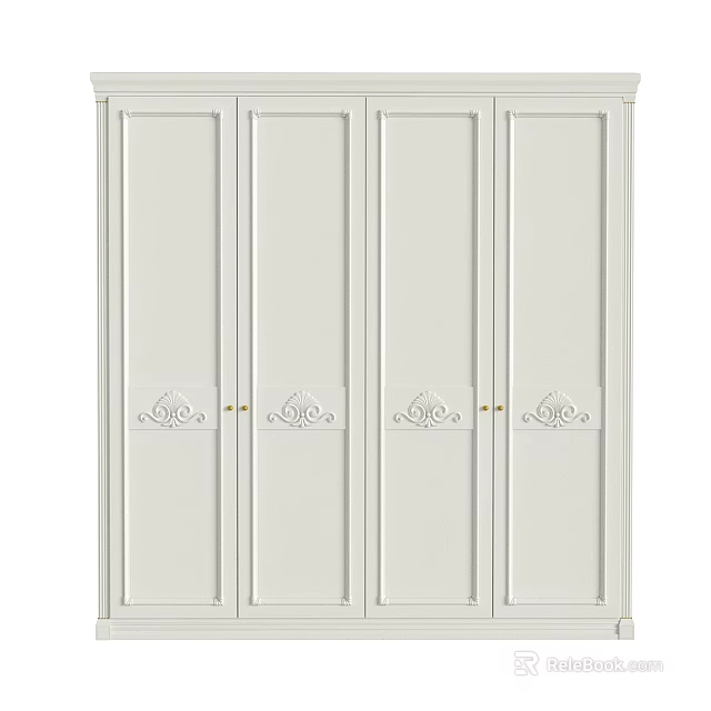 Elegant White Dresser with Four Doors Decorative Patterns and Gold Handles 3d model 