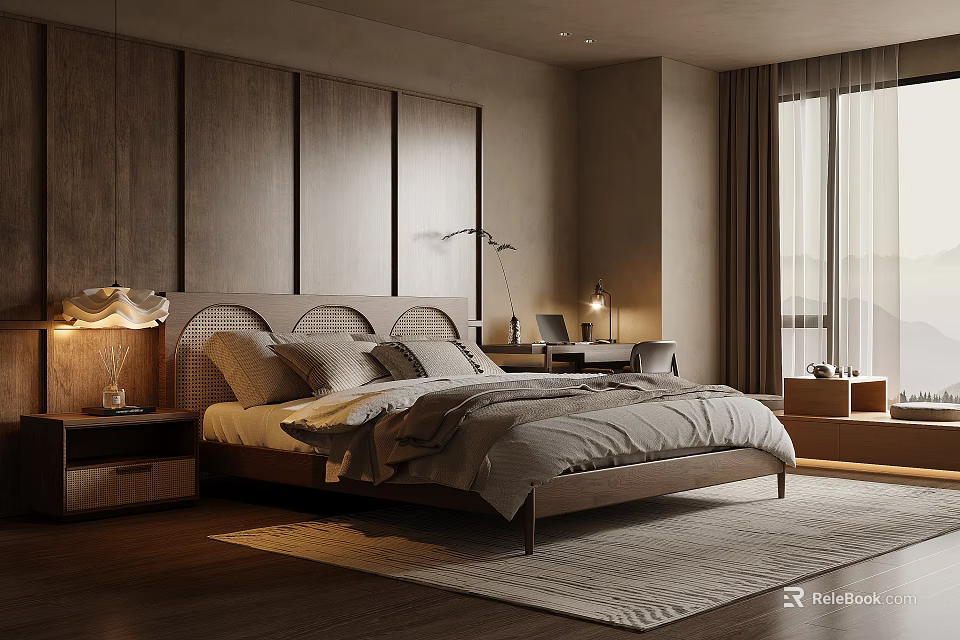 Elegant Modern Bedroom With Wooden Accent Wall King Bed Floor to Ceiling Window And Rug 3d model 