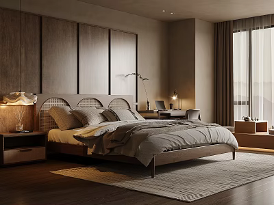 Elegant Modern Bedroom With Wooden Accent Wall King Bed Floor to Ceiling Window And Rug 3d model