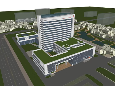 Modern Hospital Building Architectural Design With Surrounding Urban Structures And Green Spaces 3d model