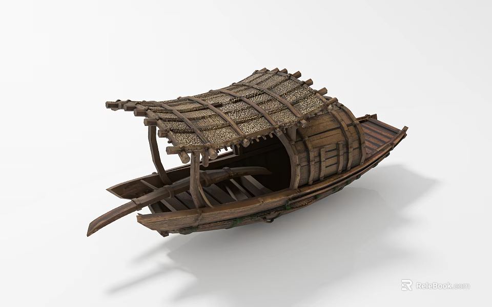 Vintage Traditional Wooden Boat With Bamboo Thatched Roof And Wooden Oars 3d model 