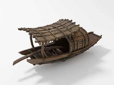 Vintage Traditional Wooden Boat With Bamboo Thatched Roof And Wooden Oars 3d model