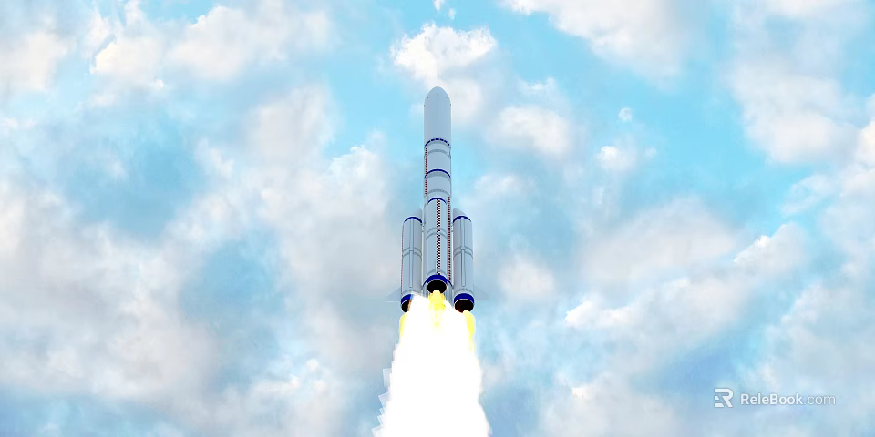 Powerful Rocket Launching Into Blue Sky With White Clouds And Flames 3d model 