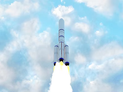 Powerful Rocket Launching Into Blue Sky With White Clouds And Flames 3d model