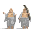 Two Buddha Like Game And Movie Characters In Traditional Robes Holding Fan And Gesturing