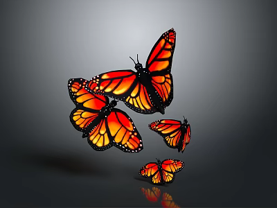 Monarch Butterflies With Orange Black Wings And White Spots Flying On Gray Background 3d model