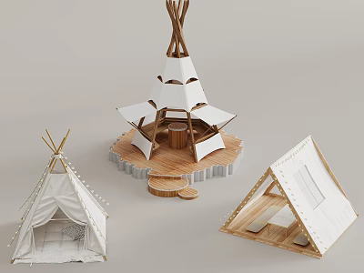 Stylish Tepee Tents With White Canvas Wooden Frames Decorative Tassels And Platforms 3d model