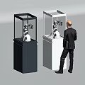 Businessman Observes Modern Commercial Equipment In Display Cabinets With Robotic Arms