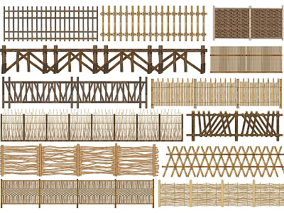 Various Types of Garden Fences Including Wooden Bamboo and Woven Designs 3d model
