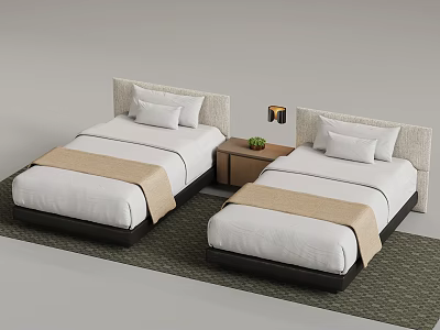 Modern Bedroom Interior With Two Single Beds Upholstered Headboards Nightstand Lamp Green Plant And Carpet 3d model