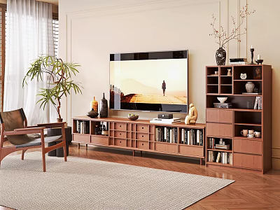 Modern Wooden TV Cabinet with Storage Shelves TV Books and Decorative Vases in Living Room 3d model