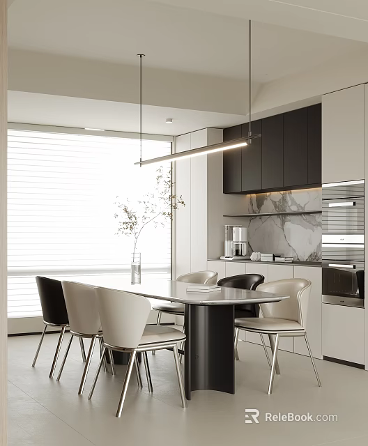 Elegant Modern Restaurant Interior With Dining Table Chairs Hanging Light Marble Countertop And Window Plants 3d model 