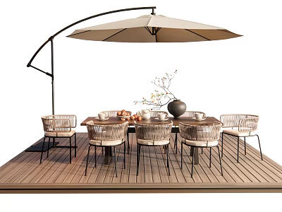 Outdoor Table With Umbrella Chairs And Decorative Items On Wooden Deck 3d model