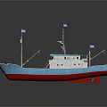 Blue And White Fishing Boat With Masts Antennas And Red Bottom Hull