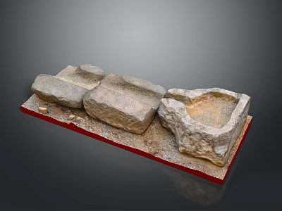 Handmade Wood and Stone Craft Pieces with Rough Surfaces on Red Display Base 3d model