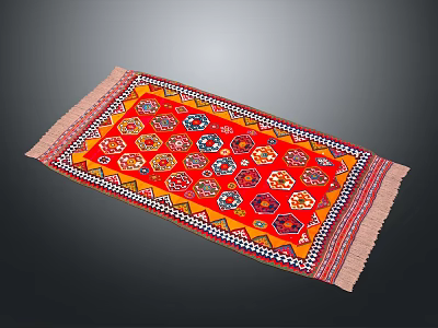 Traditional Red Rug With Colorful Geometric Patterns And Fringed Edges For Interior 3d model