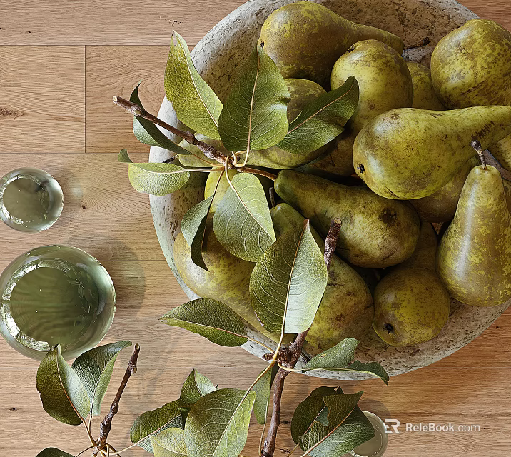 Fresh Ripe Green Pears With Leaves And Branches In Bowl On Wooden Table 3d model 
