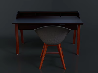 Dark Colored Desk With Gray Chair And Wooden Legs Home Office Furniture 3d model