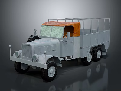 Vintage Gray Truck With Orange Canvas Top Open Cargo Bed And Six Wheels 3d model