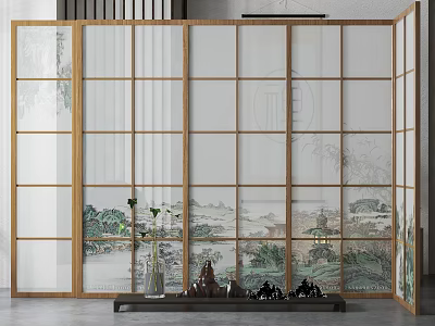 Japanese Style Room Divider With Wooden Frame And Glass Panel Featuring Landscape Painting 3d model