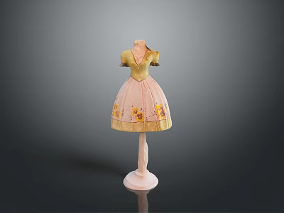 Yellow Floral V neck Dress on Pink Mannequin Stand Elegant Feminine Fashion 3d model