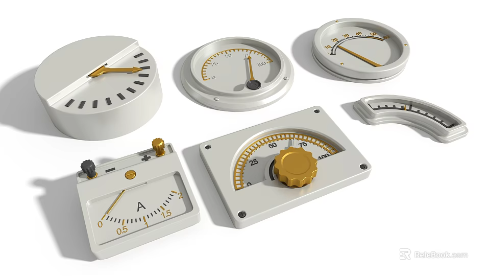 White And Gold Hardware Gauges With Dials Pointers And Control Knobs 3d model