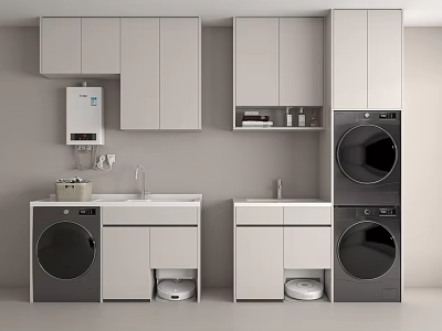 Modern Bathroom Cabinetry Design With Sink Washing Machine And Dryer Units 3d model