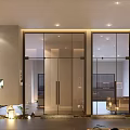 Modern Elevator Hallway With Decorative Paintings Green Plants And Dark Tiled Floor